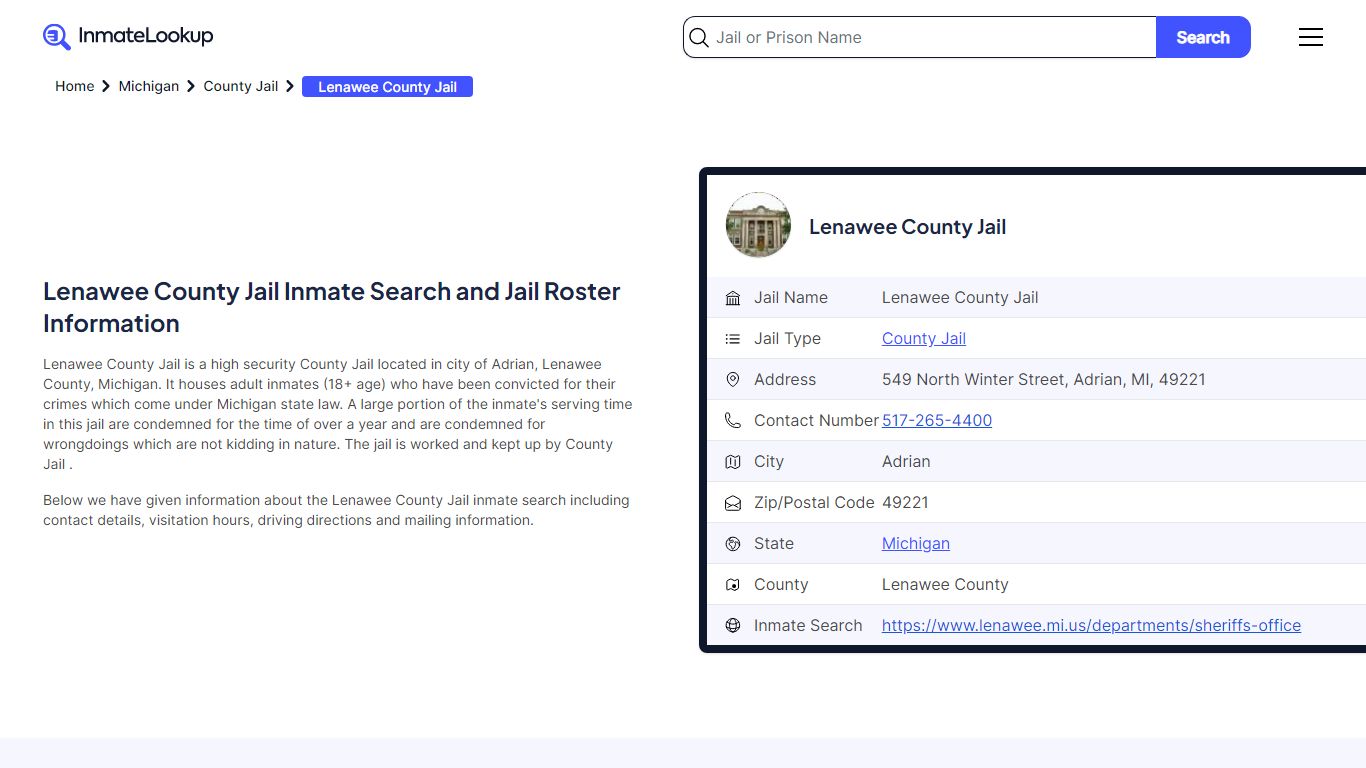 Lenawee County Jail Inmate Search and Jail Roster Information